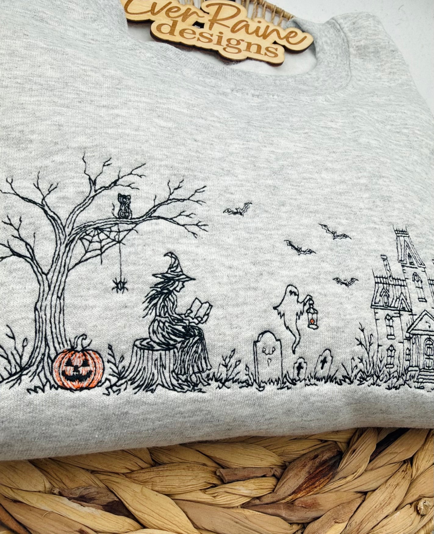 Halloween Witch Scene Line Art Embroidered Crewneck