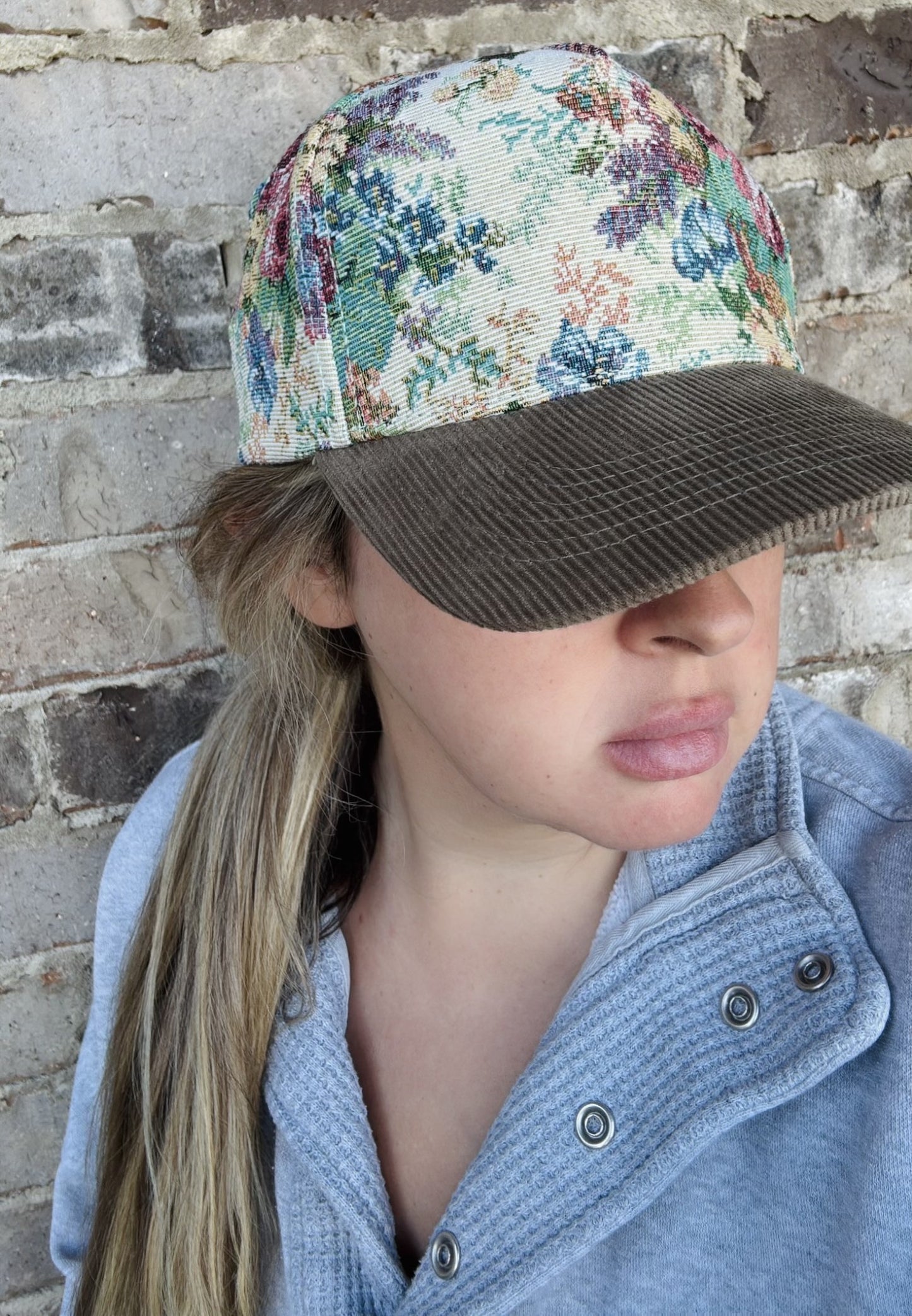 Jacquard Floral Corduroy Trucker Hat