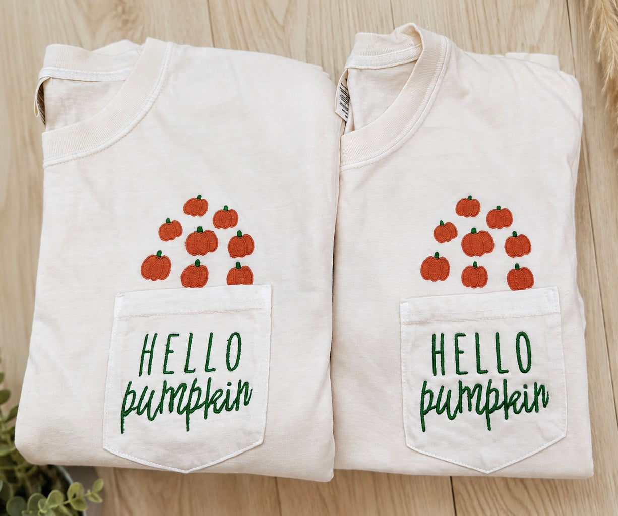 Hello Pumpkin Embroidered Pocket T-Shirt