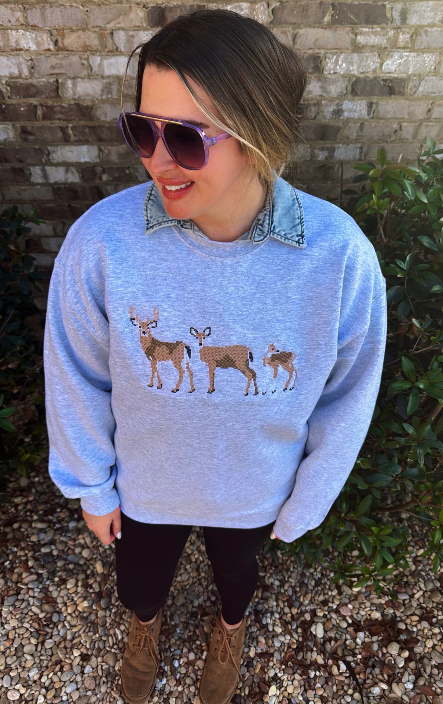 Deer Family Crossed Stitch Embroidered Crewneck