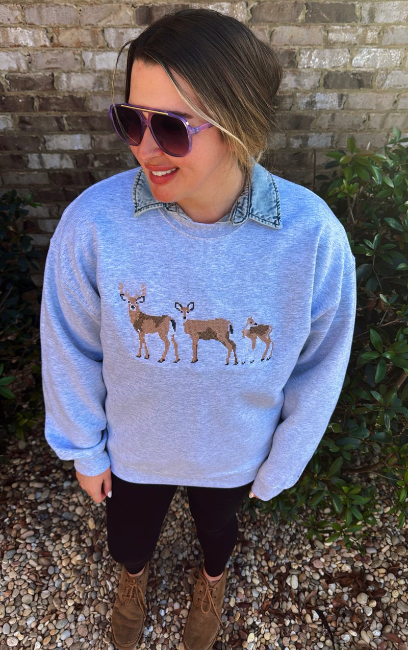 Deer Family Crossed Stitch Embroidered Crewneck