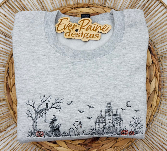 Halloween Witch Scene Line Art Embroidered Crewneck