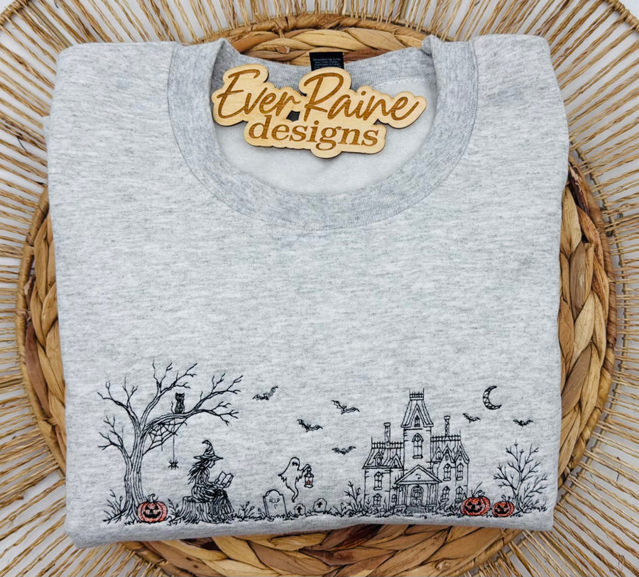 Halloween Witch Scene Line Art Embroidered Crewneck