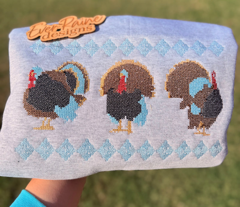 Cross Stitched Embroidered Turkey Crewneck