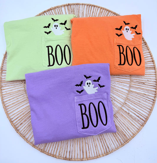 Embroidered BOO Ghost Pocket Tee